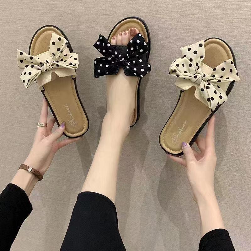 Mua một tặng một Dép quai ngang chống trượt đính nơ mùa hè phong cách Hàn Quốc cho nữ