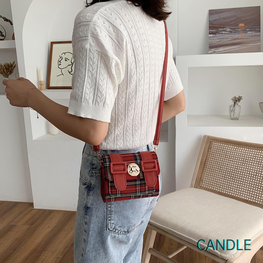 Túi đeo chéo bằng da mini họa tiết kẻ ô xinh xắn