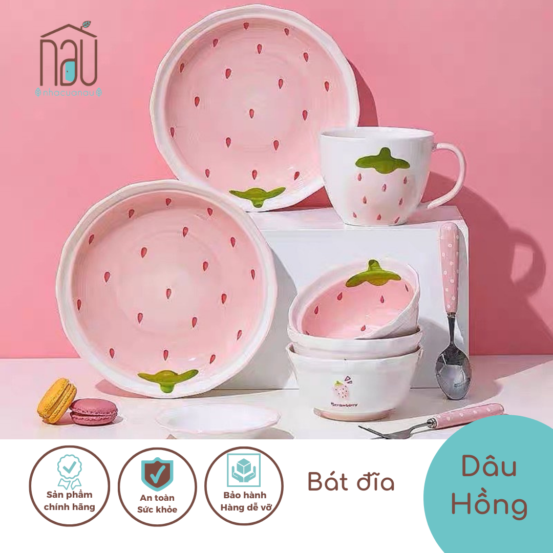 Bộ chén bát đĩa Sứ cho bạn yêu màu hồng hoạ tiết dâu tây xinh xắn làm quà tặng sinh nhật cho bạn gái Nhà của Nâu