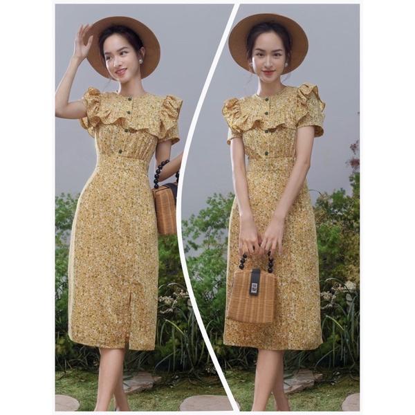 Đầm hoa đũi lụa hàn phối bèo có túi sườn thiết kế