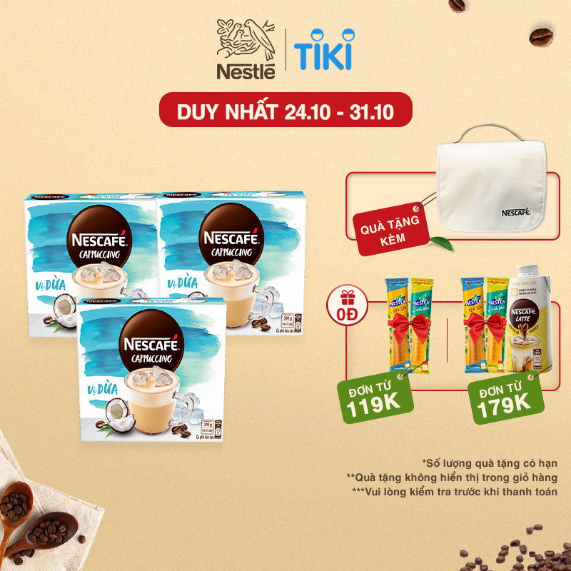 [Tặng túi du lịch đa năng] Combo 3 hộp cà phê hòa tan Nescafé Cappuccino vị dừa (Hộp 10 gói x 20g)