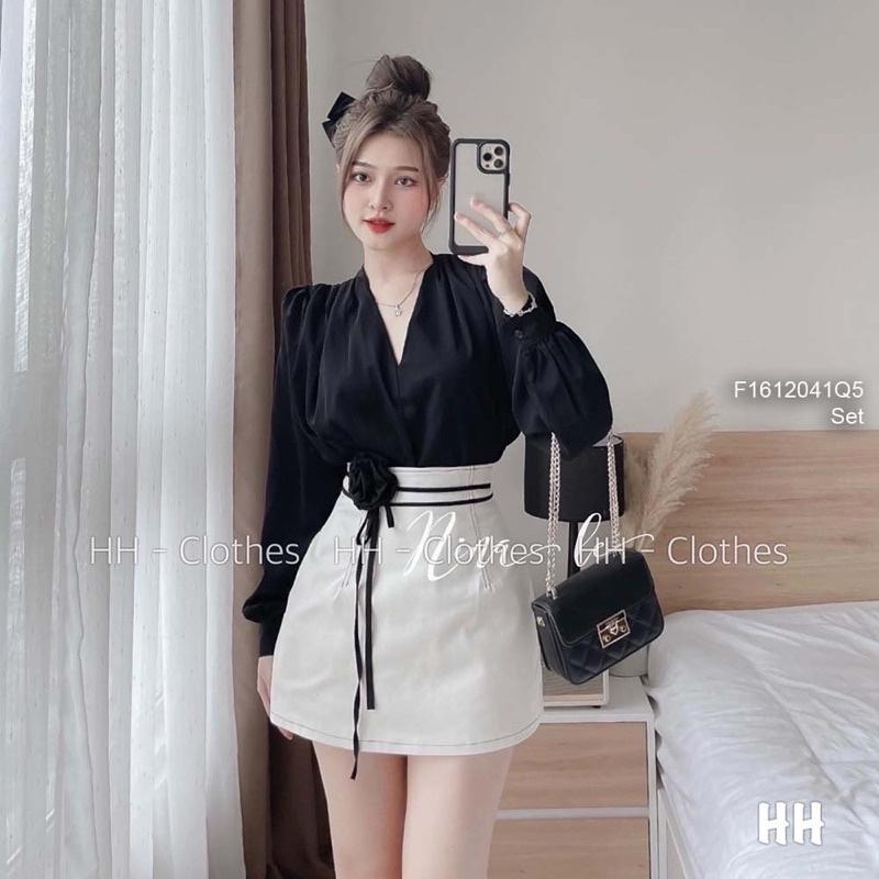 Sét bộ áo cổ tim nữ tay dài phối chân váy ngắn có lót quần tinh tế duyên dáng việt
