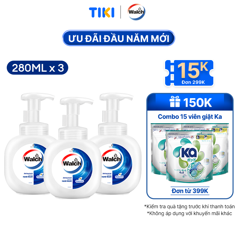 Combo 3 Bọt rửa tay kháng khuẩn Walch dưỡng da tay mềm mịn (280ml-400ml Hương Hoa Cúc )