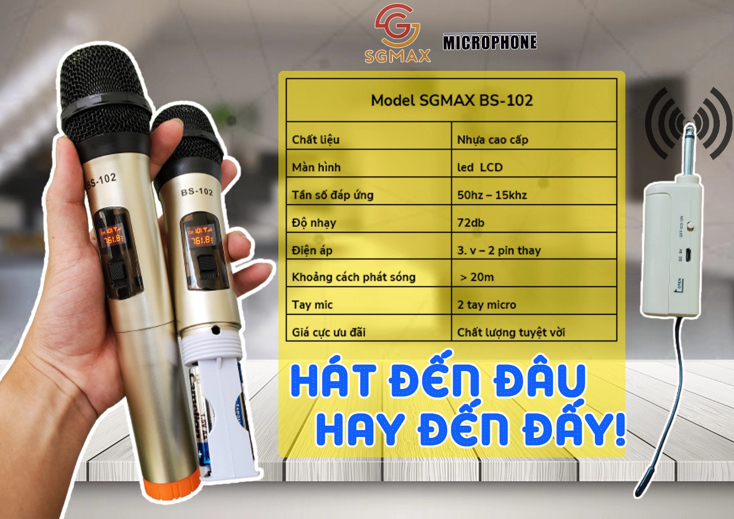 Combo 2 micro không dây SGMAX BS 102 chuyên dùng cho loa kéo, amply siêu hay micro nhẹ hút âm chống hú tốt