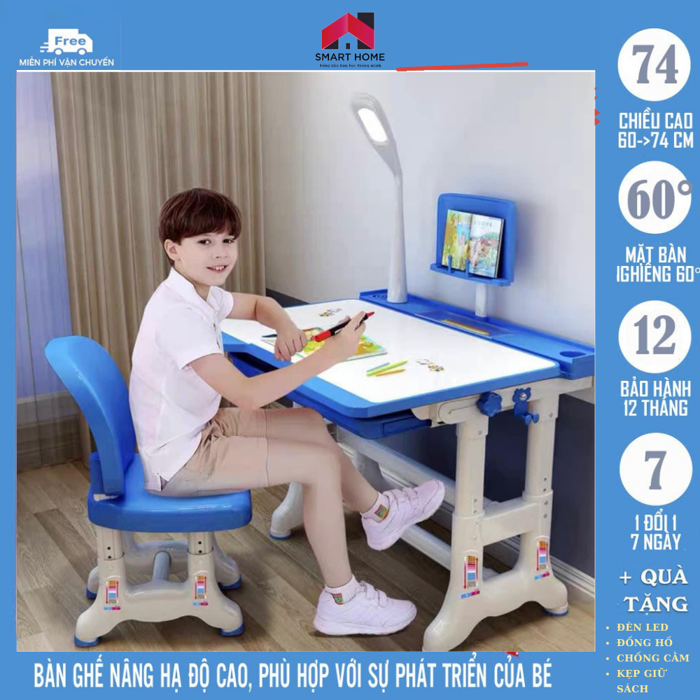 Bộ bàn ghế học sinh chống cận chống gù bàn thông minh có điều chỉnh chiều cao góc nghiêng có giá sách ngăn kéo B02