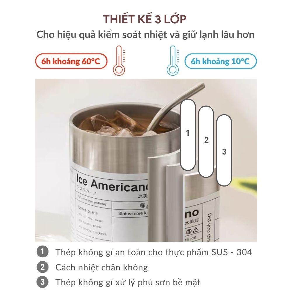 Ly giữ nhiệt Americano dung tích 350/600ml, cốc giữ nhiệt uống cafe inox 304, giữ nhiệt từ 8-12 giờ, tặng kèm ống hút