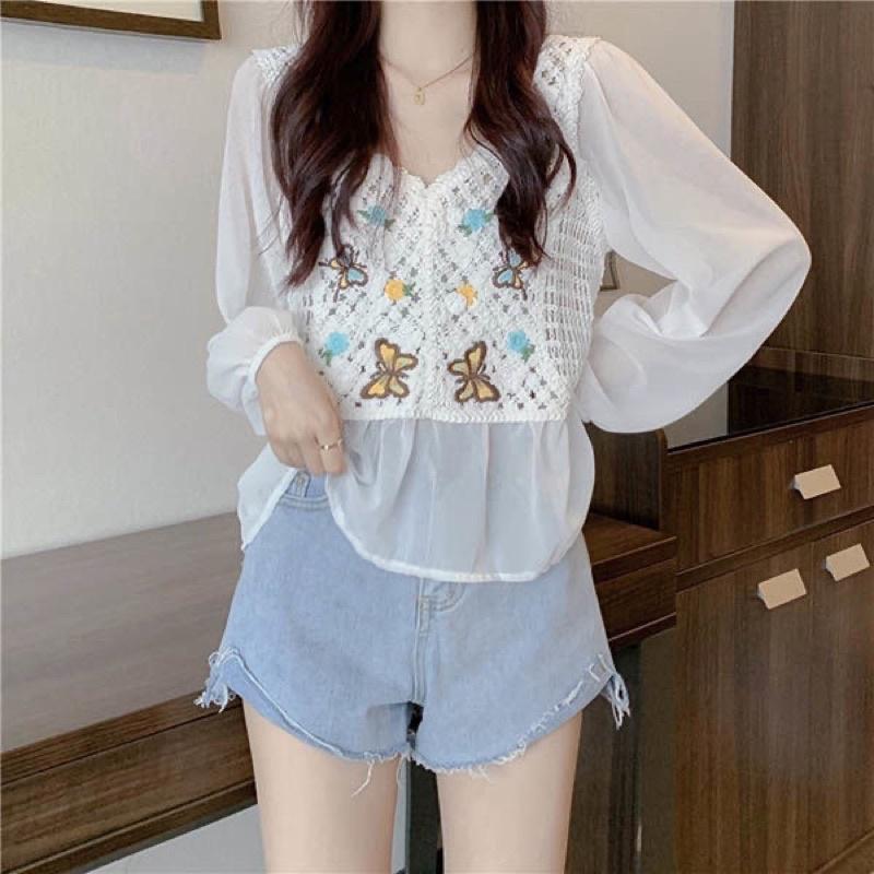 Áo babydoll sợi móc hoạ tiết phối voan tiểu thư