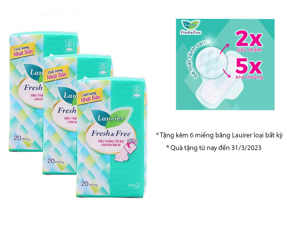 Combo 3 Băng Vệ Sinh Laurier Fresh & Free Siêu Mỏng Cánh - 20 Miếng