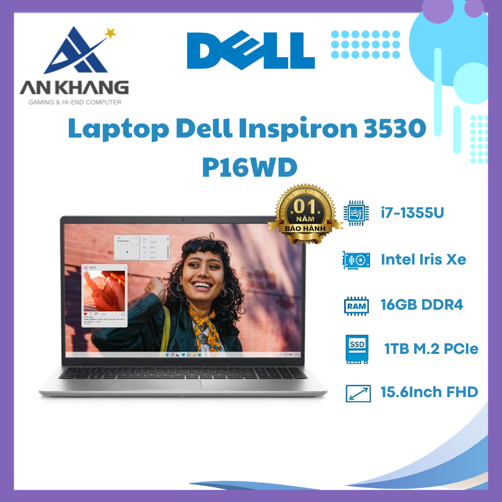 Laptop Dell Inspiron 3530 P16WD (i7 1355U/ 16GB/ 1TB SSD/ 15.6 inch FHD/ Win 11/ Office/ Silver/ 1Y) - Hàng Chính Hãng