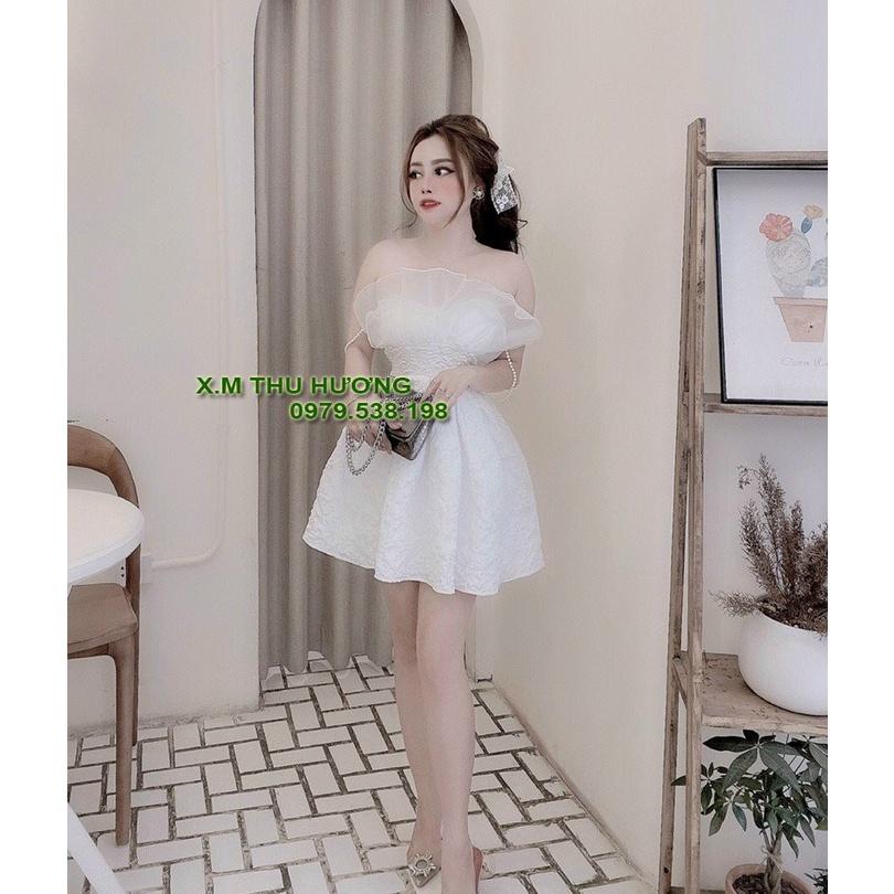 Đầm nữ xòe vải xốp gấm hoa ly 3D phối 2 dây ngọc trai, váy đẹp dự tiệc.