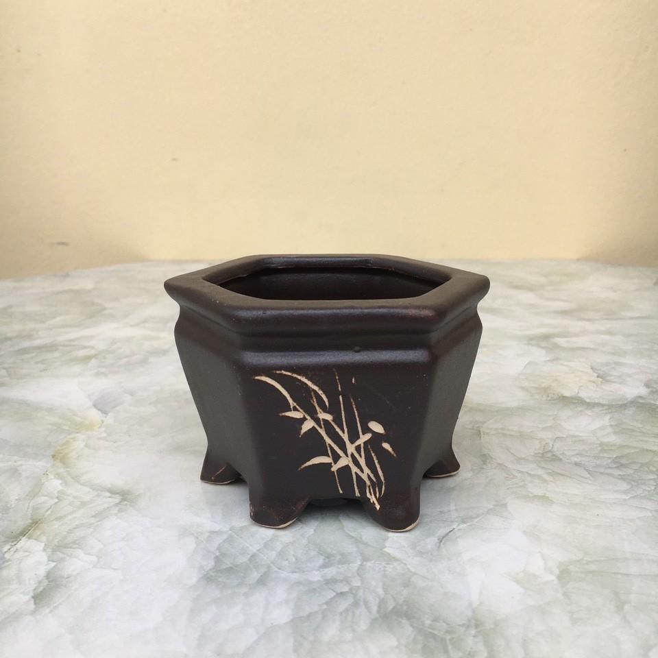 Chậu bonsai Lục giác khắc mini đất nung gốm Bát tràng 1 size BM-130