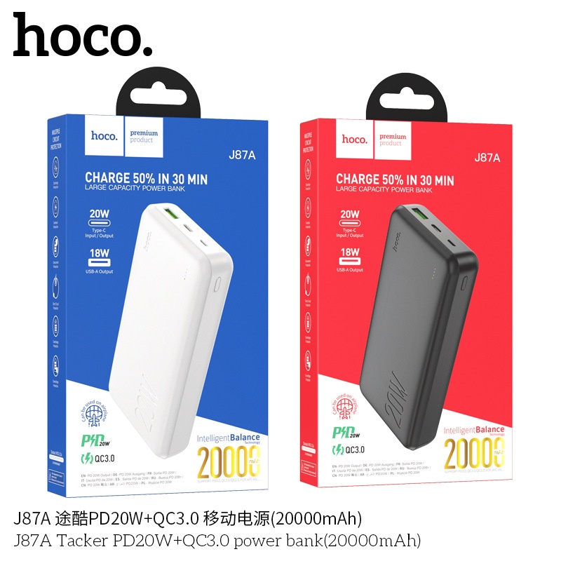 Pin Sạc Dự Phòng Dành Cho Hoco J87A 20000mah, Sạc Nhanh 20W, Pin Lithium Polymer, Nhựa ABS Chống Cháy, Có LED Hiển Thị Nguồn Điện - Hàng Chính Hãng