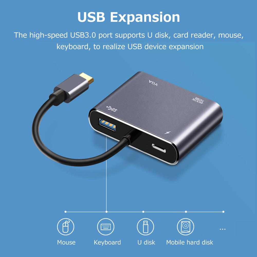 Multi-use 4-in-1 Type-C Hub Type-C Converter Aluminum Alloy Shell up to 4K Resolution HD+VGA+USB3.0+PD Charging Ports