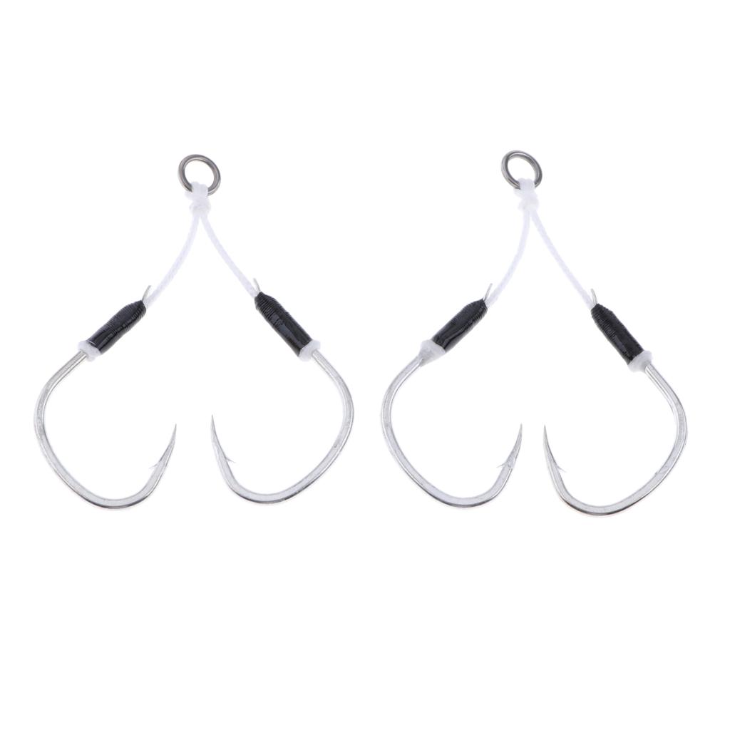 2 Pieces Carbon Steel Fishing Jig Hooks Barbed Assist Hooks with PE Line A