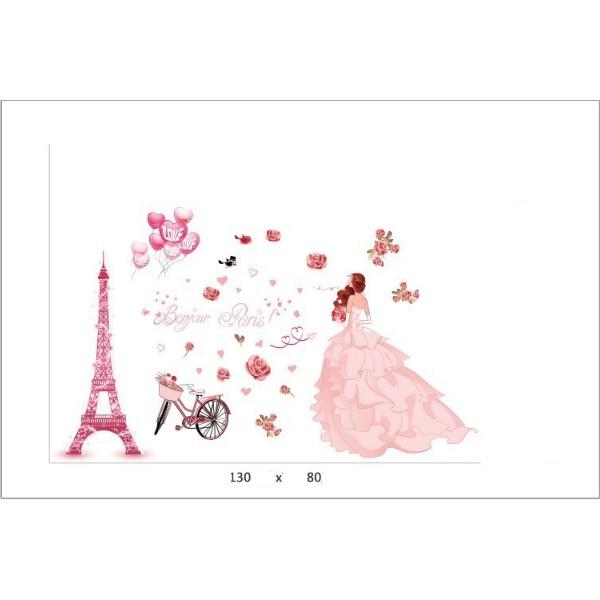 Decal trang trí tường - Sự Lãng Mạn của Tháp hồng và Phía sau Cô Gái