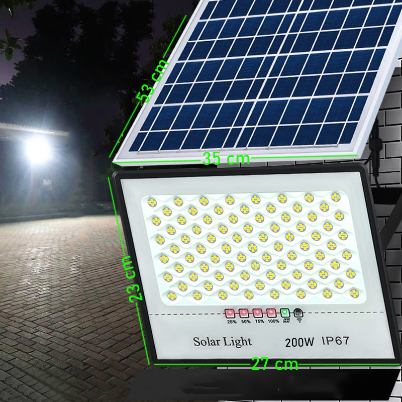 Đèn năng lượng mặt trời 200W, Chống chói mắt, Đèn Led NLMT, Vỏ nhôm, Tấm pin rời, Ánh sáng trắng, Báo pin ngoài, Kiểu Led mới