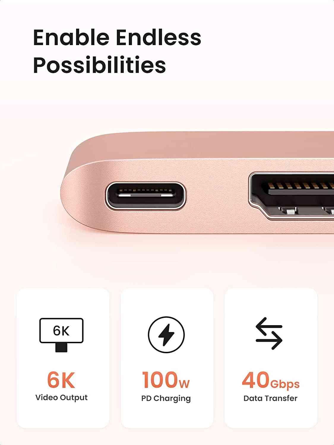 Ugreen UG90288CM380TK Màu Hồng Gold Hub chuyển đổi USB-C MacBook Air M1 2020 2019 2018 sang HDMI 4k + USB-C PD 100W + SD/TF + 2*USB 3.0 - HÀNG CHÍNH HÃNG