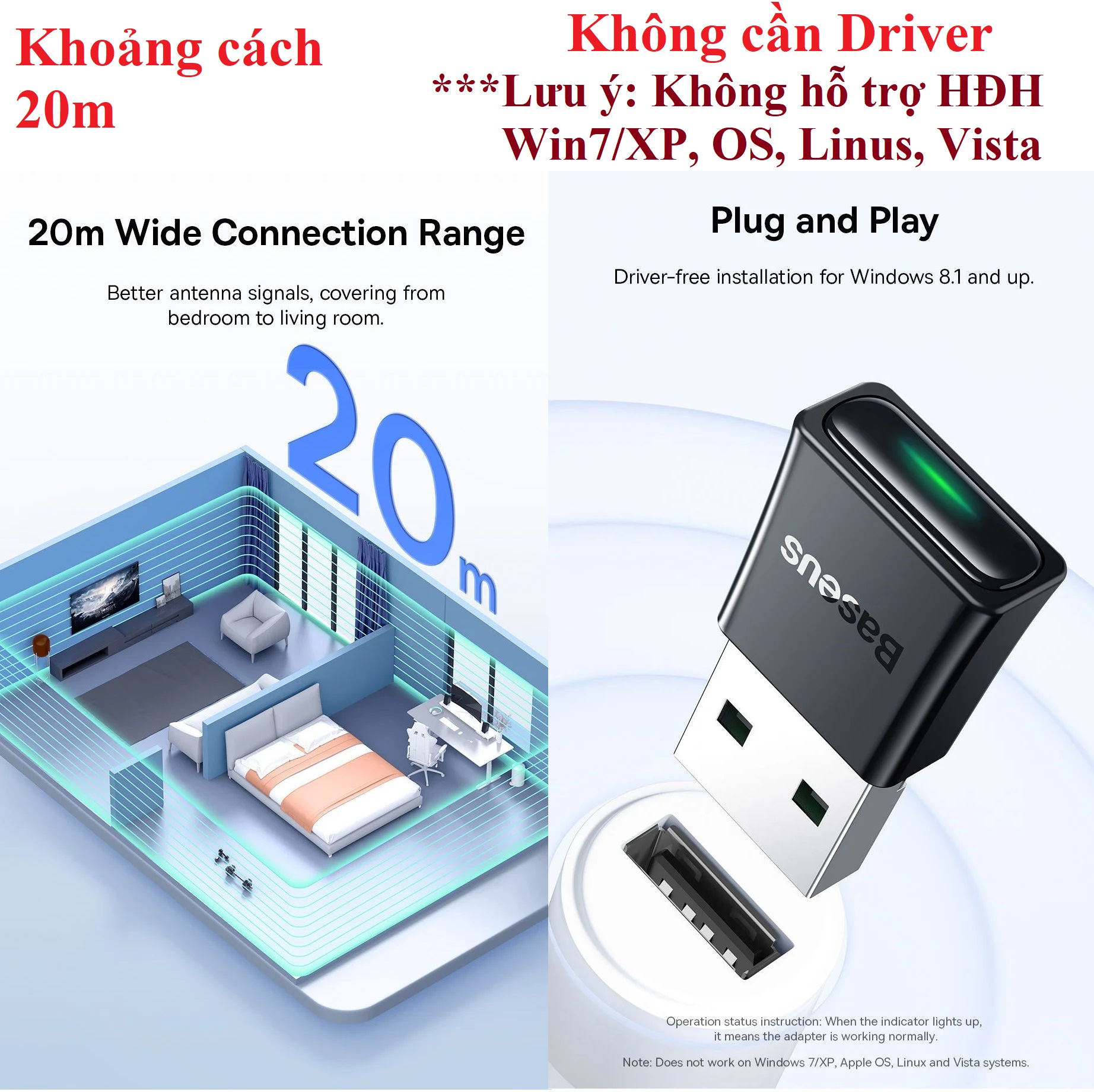 Adapter tạo Bluetooth cho máy tính / usb bluetooth V5.3 Baseus BA07 _ Hàng chính hãng