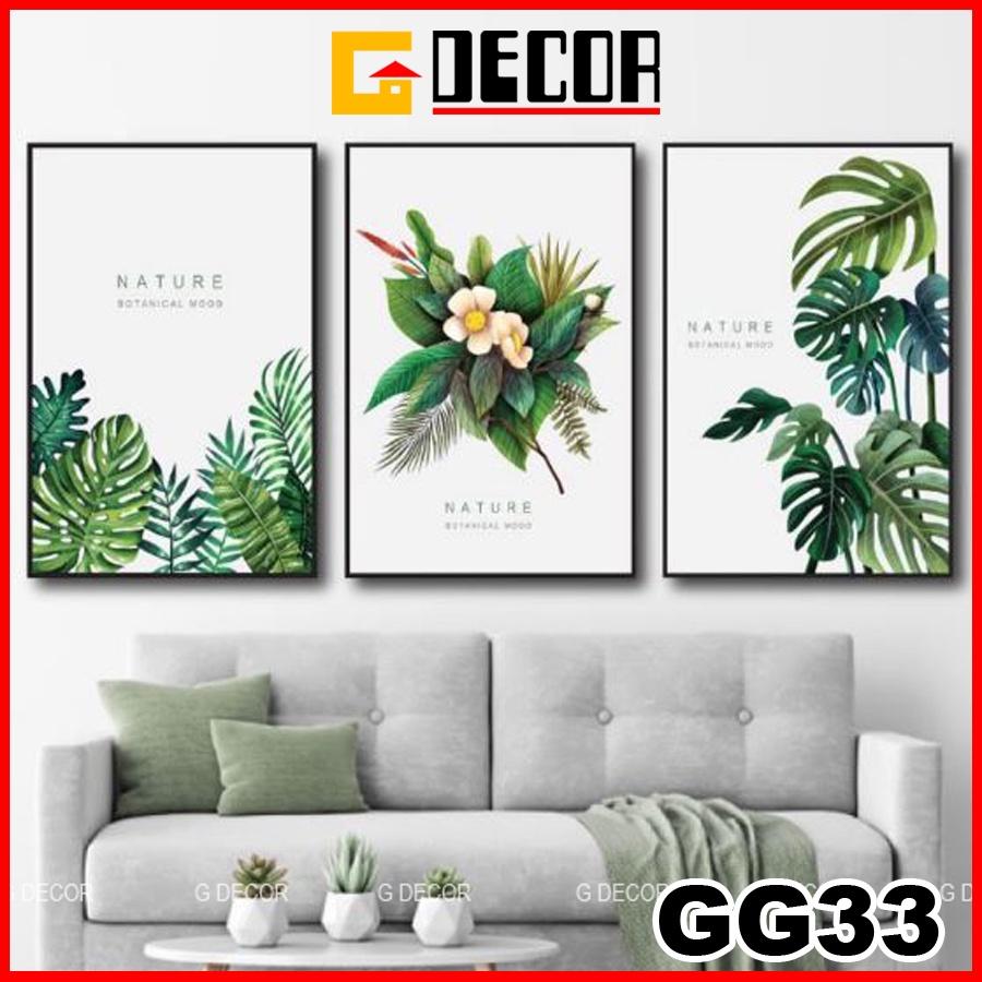 Tranh treo tường canvas 3 bức phong cách hiện đại Bắc Âu 33, tranh lá cây trang trí phòng khách, phòng ngủ, phòng ăn