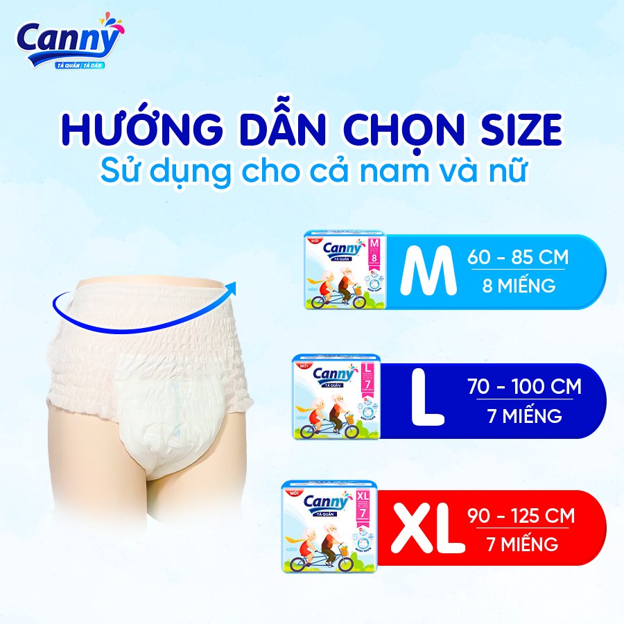 COMBO 3 gói Tã/Bỉm Quần Người Lớn Canny Siêu Mềm, Siêu Thấm, Kháng Khuẩn Size M8,L7,XL7  Miếng