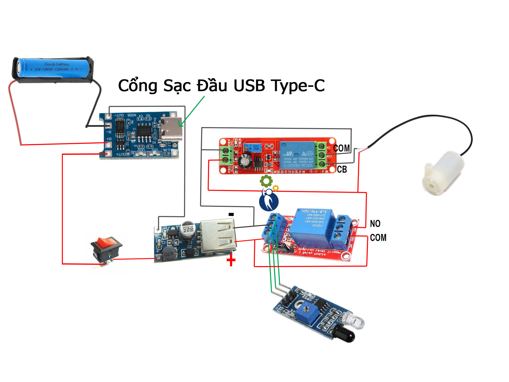 Bộ Linh Kiện Chế Máy Rửa Tay Máy Rót Ruou Dùng Pin Sạc 18650 Có Cổng Sạc Đầu USB Type-C