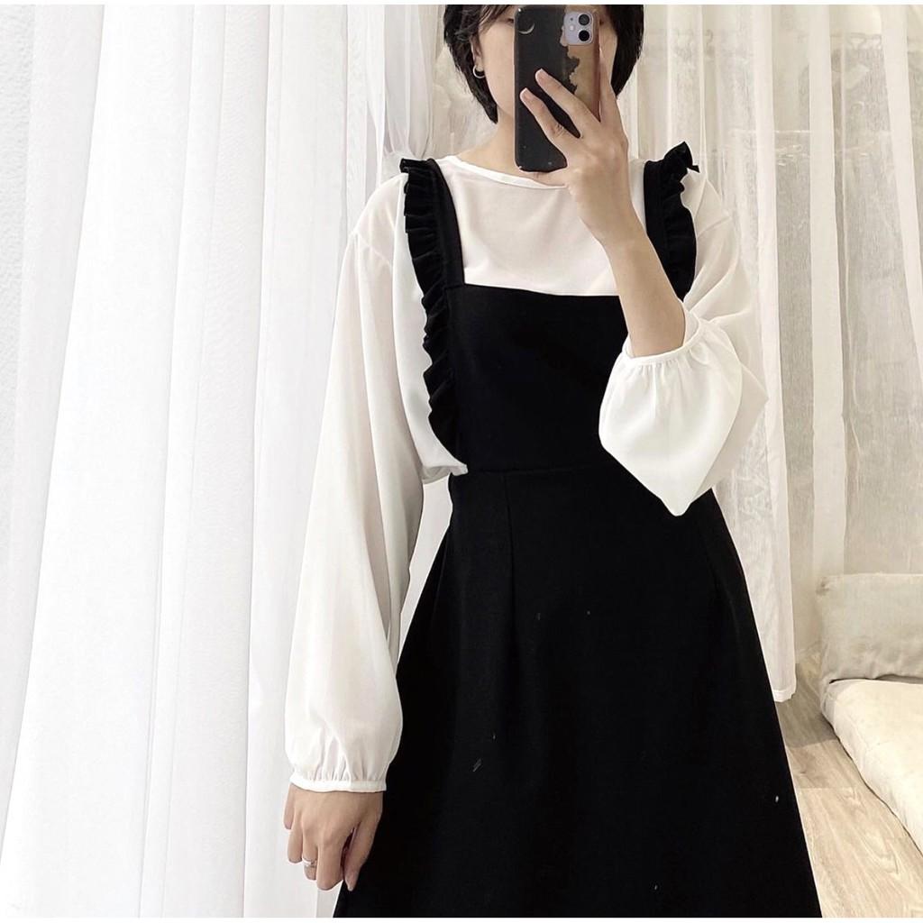 Set váy yếm chun eo kèm áo tay phồng nữ Bộ đồ đầm 2 dây bản to và thun trắng bánh bèo hot girl ulzzang ĐẸP