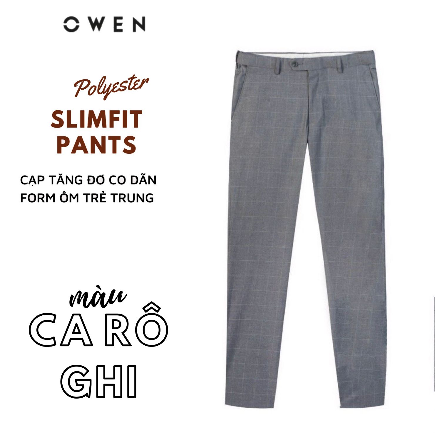 OWEN - Quần âu nam OWEN Slimfit có cạp tăng đơ co dãn màu ghi kẻ ca rô chất Polyester 231262