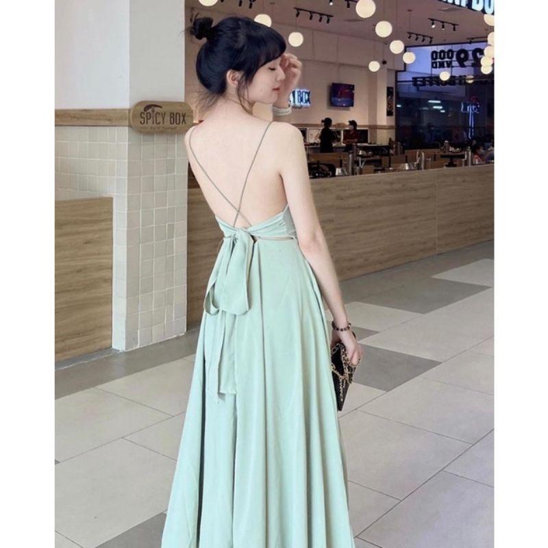 ĐẦM MAXI 2 DÂY CÓ MÚT NGỰC XANH MINT/TRẮNG