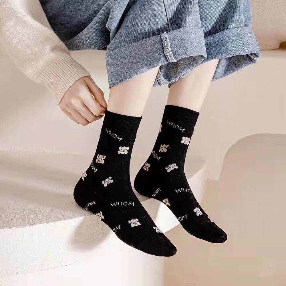 Tất Cổ Cao Nữ Họa Tiết Gấu Nhiều Màu_ Cotton Co Giãn 4 Chiều-L6020