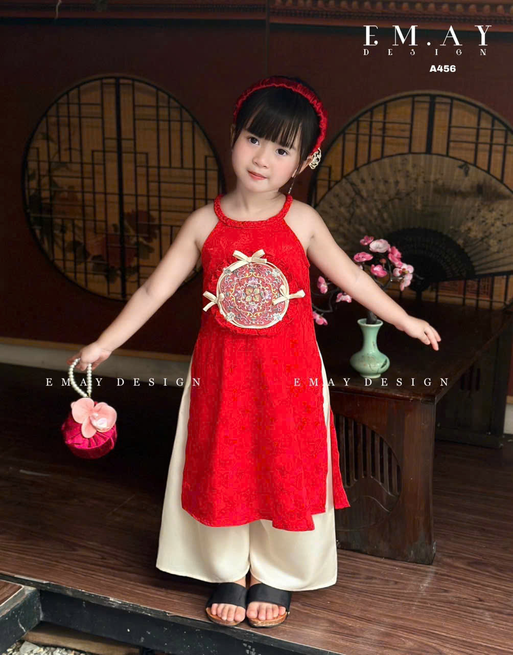 Áo dài cổ yếm phối quần suông cho bé gái mẫu Nàng xuân thướt tha mặc lễ tết năm mới biễu diễn 10-40kg