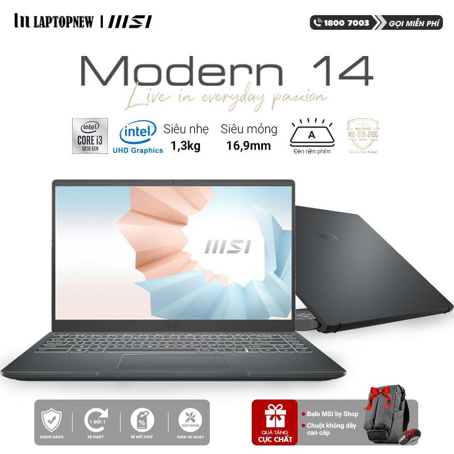 Laptop MSI Modern 14 B11MOU 847VN (Gray) | i7-1195G7 | 8GB | SSD 512GB | Win10 - HÀNG CHÍNH HÃNG