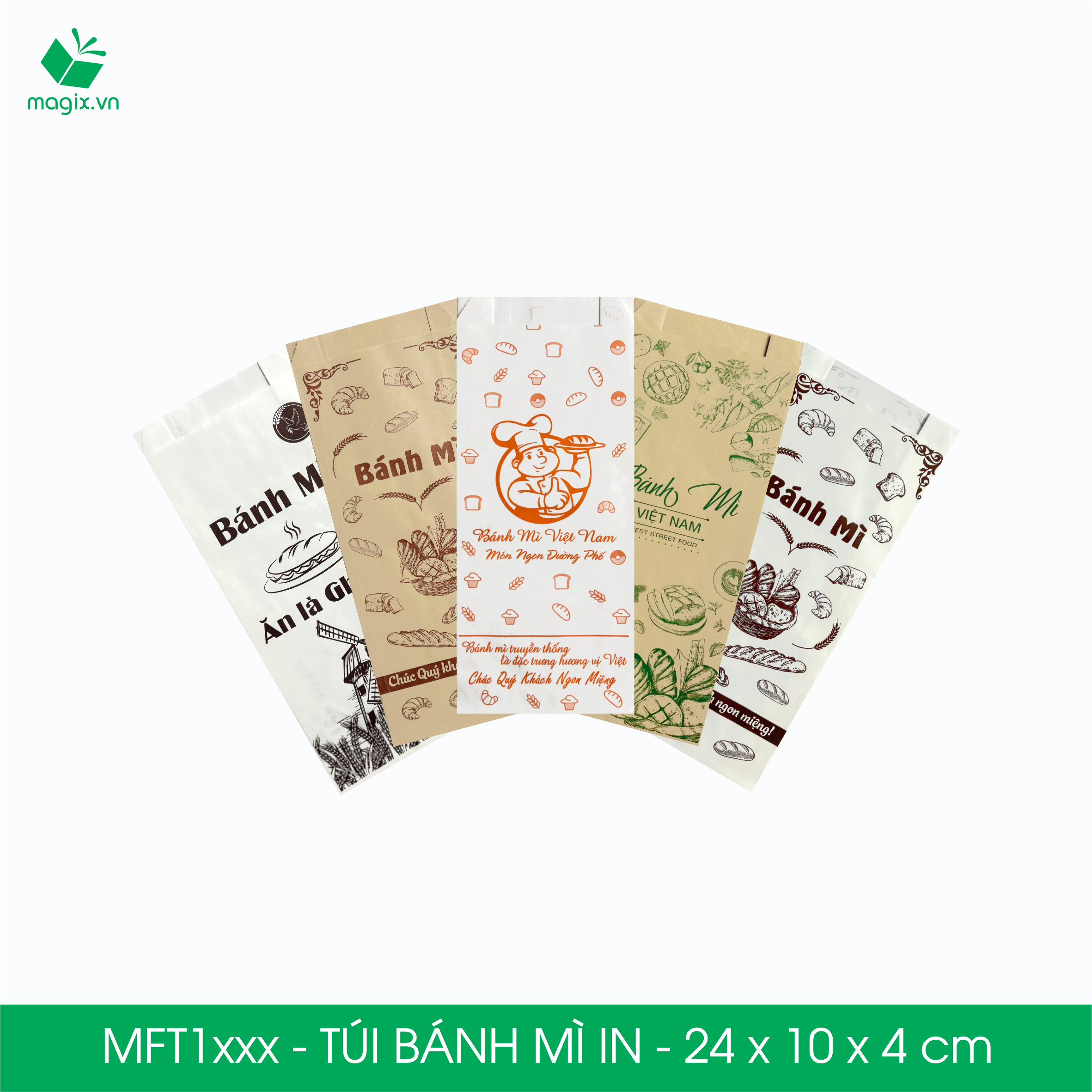 Combo 100 Túi bánh mì in - 24x10x4 cm - In sẵn họa tiết nhiều mẫu - Bao bánh mì Túi giấy thực phẩm an toàn