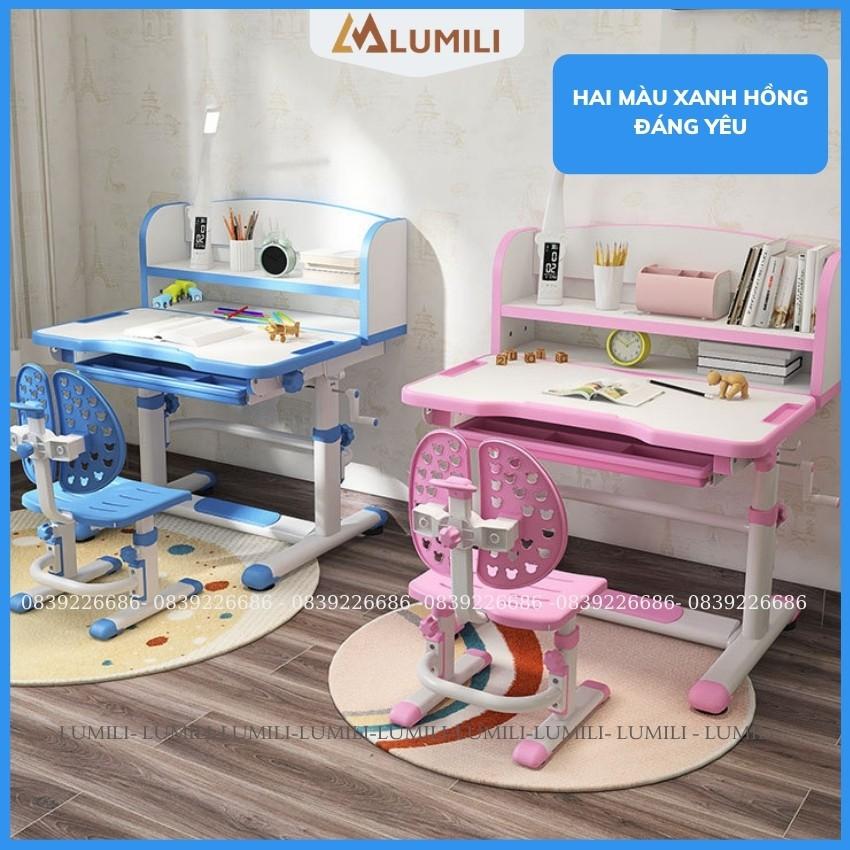 Bàn học có giá sách cho bé Lumili R9 Premium chống gù chống cận, bàn học kèm kệ sách cho bé, phù hợp cho học sinh
