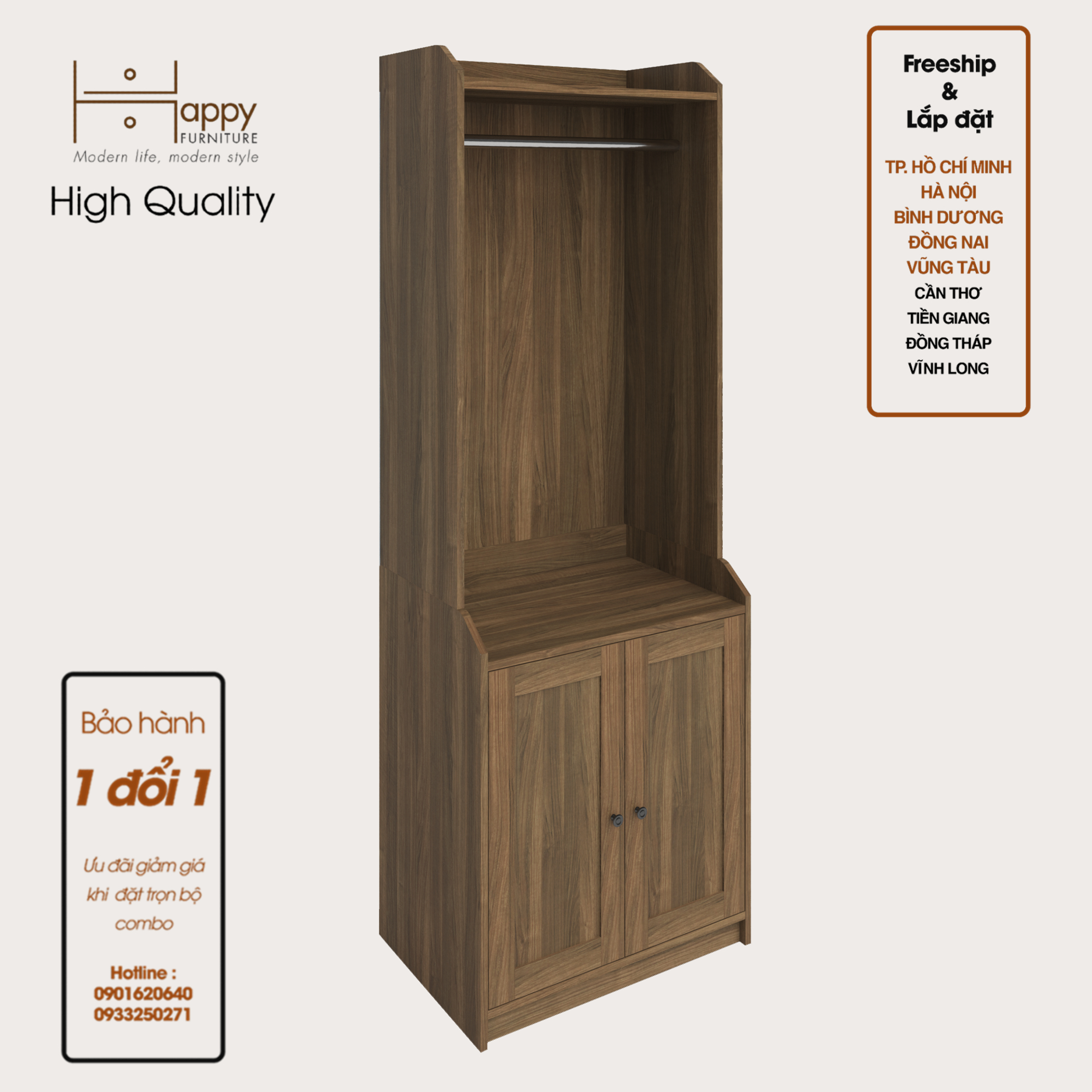 [Happy Home Furniture] CANA,  Tủ treo quần áo - 2 cửa mở,  70cm x 46cm x 199cm ( DxRxC), TCM_003