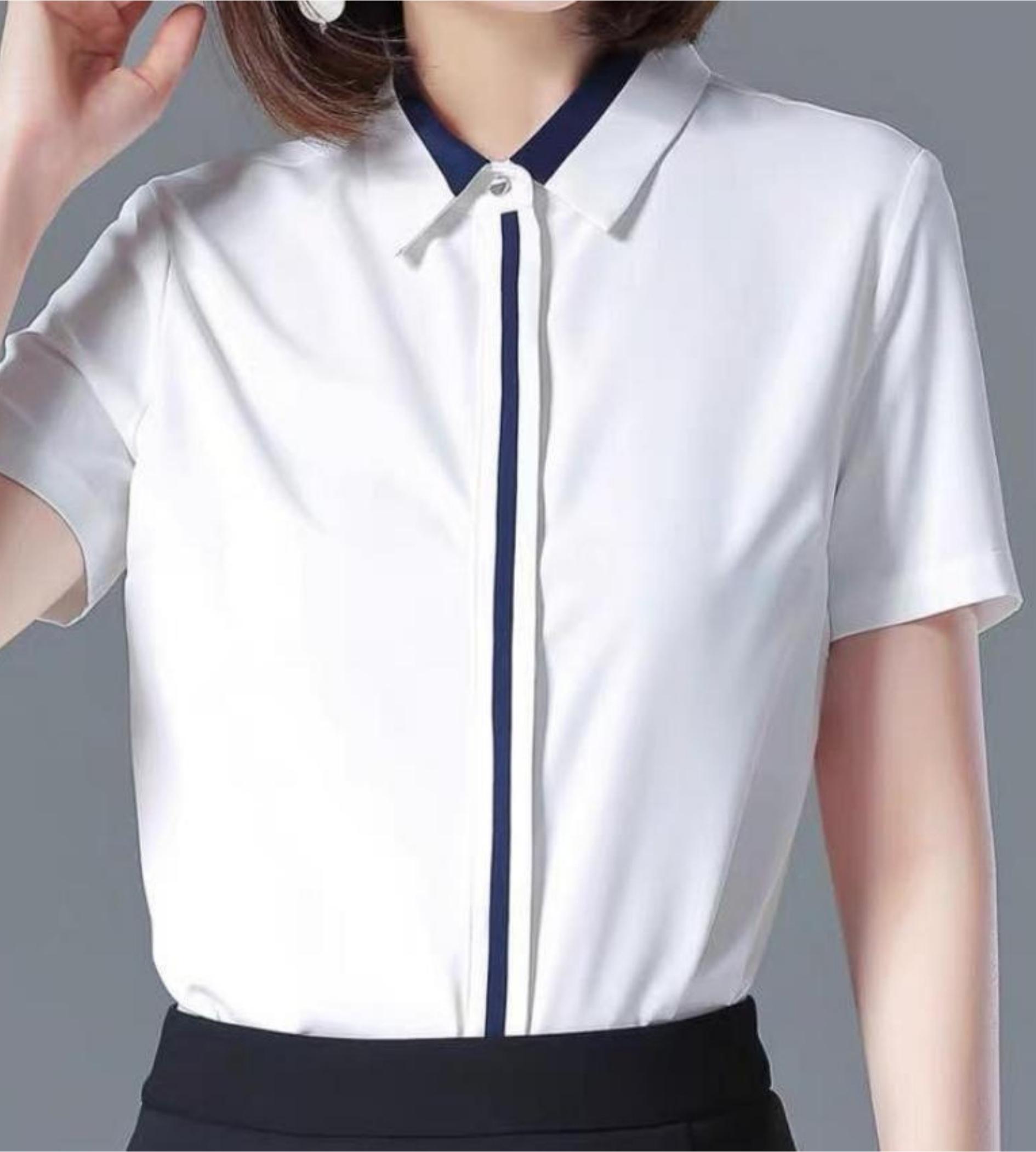 Áo Sơ Mi Nữ Công Sở Ngắn Tay Phối Viền Nút Cao Cấp
