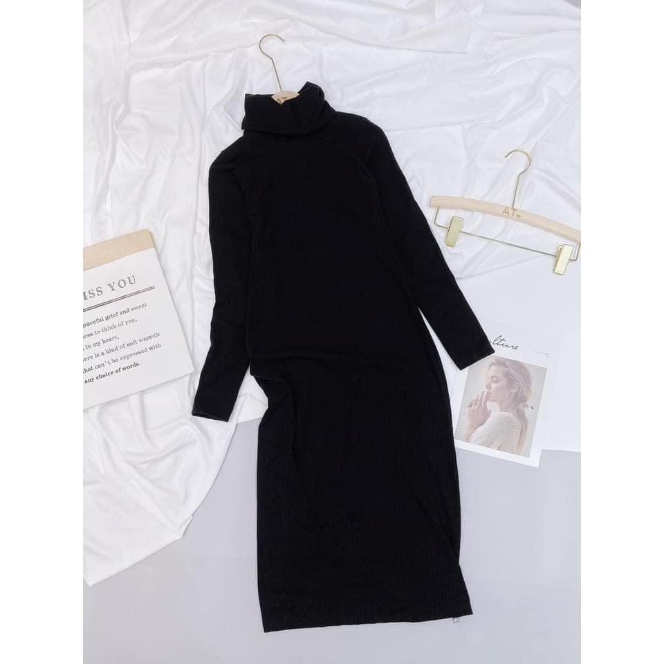 Đầm len cổ lọ dáng suông dài tay nữ - Váy đen basic mùa thu đông đơn giản cá tính HOT