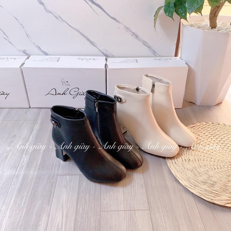 B08 - Bốt , boots mũi vuông thấp cổ da lì cạnh gót trụ 7p DD , kiểu dáng trẻ trung dễ phối đồ chân váy, quần sooc