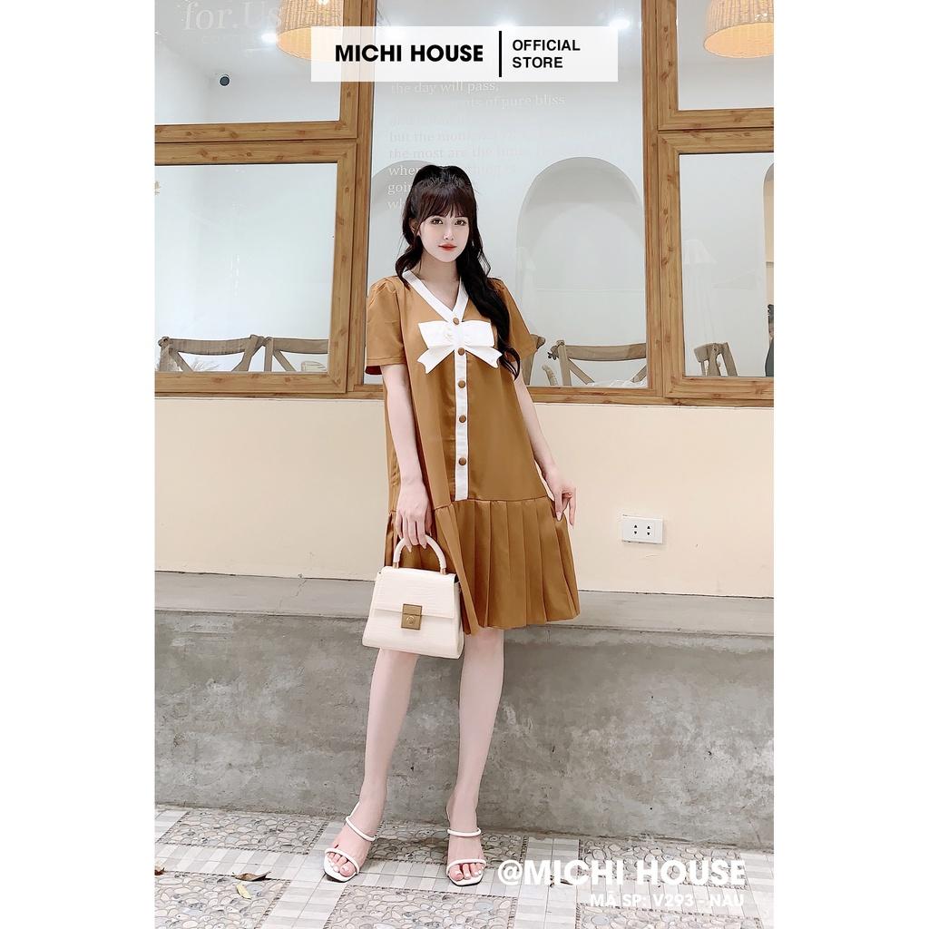 Váy Suông Rộng Thiết Kế Màu Đen, Nâu Cam V293 MICHI House Đầm Xuông Ngắn Tay Cổ V Nơ Bèo Dễ Mặc Bầu Xinh Thoải Mái