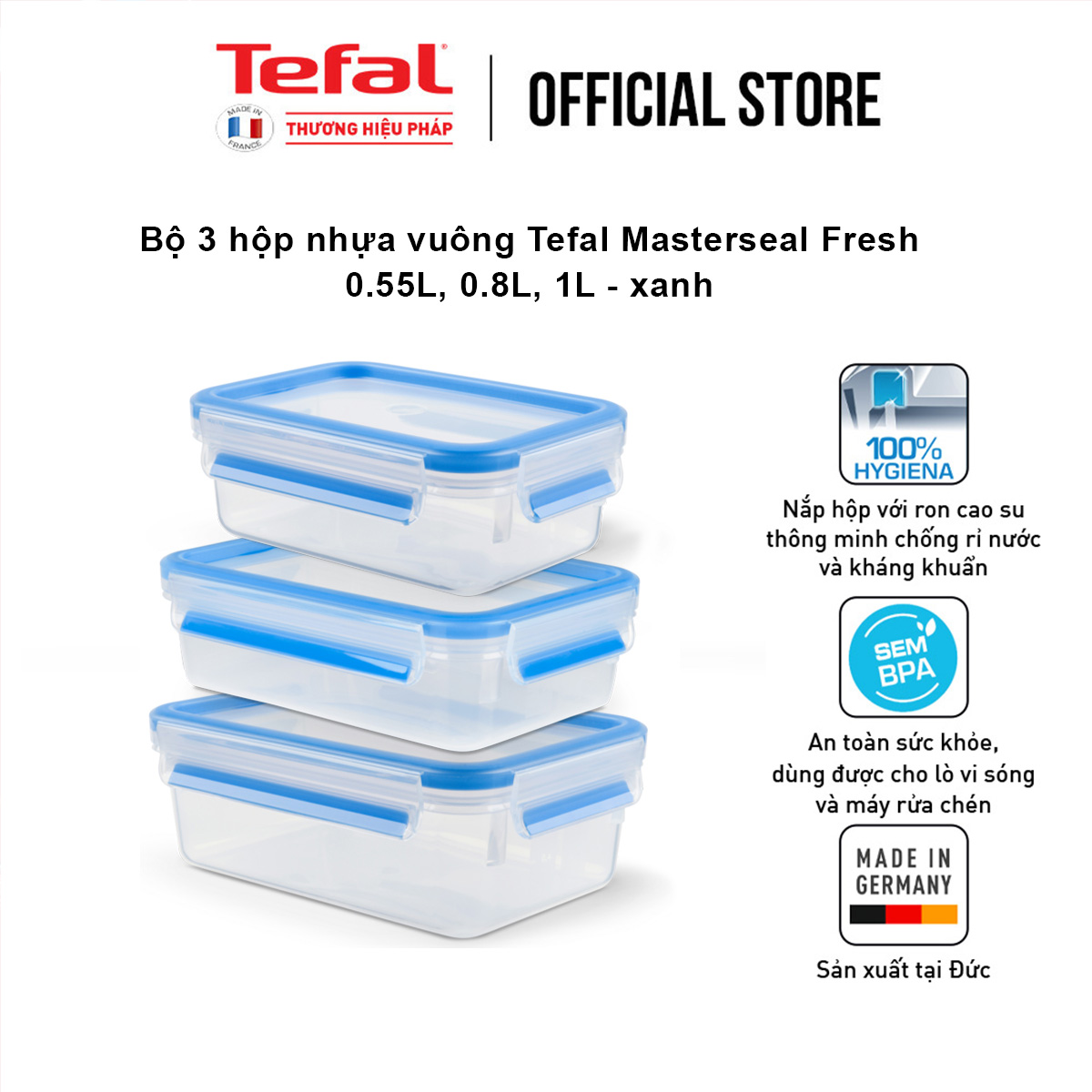 Bộ 3 hộp nhựa vuông Tefal Masterseal Fresh 0.55L, 0.8L, 1L - xanh