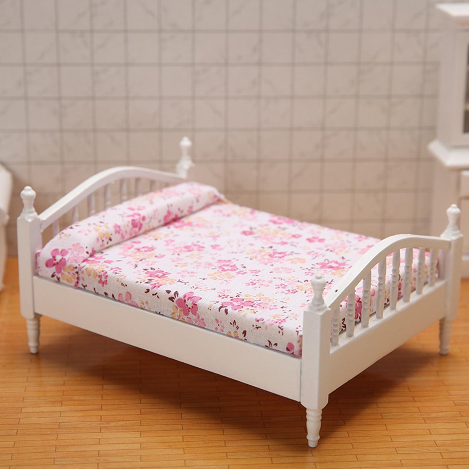 1:12 Scale Miniature Dollhouse Bed with Bed Cabinet Dollhouse Decoration