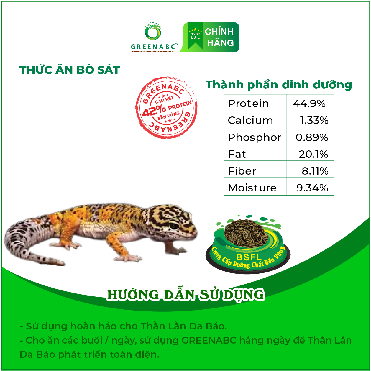 Thức ăn bò sát Thằn Lằn Da Báo GREENABC - Leopard Gecko – Hàm lượng protein 44.9% giúp tăng trưởng nhanh, lên màu đẹp, phát triển toàn diện – Hộp 10g