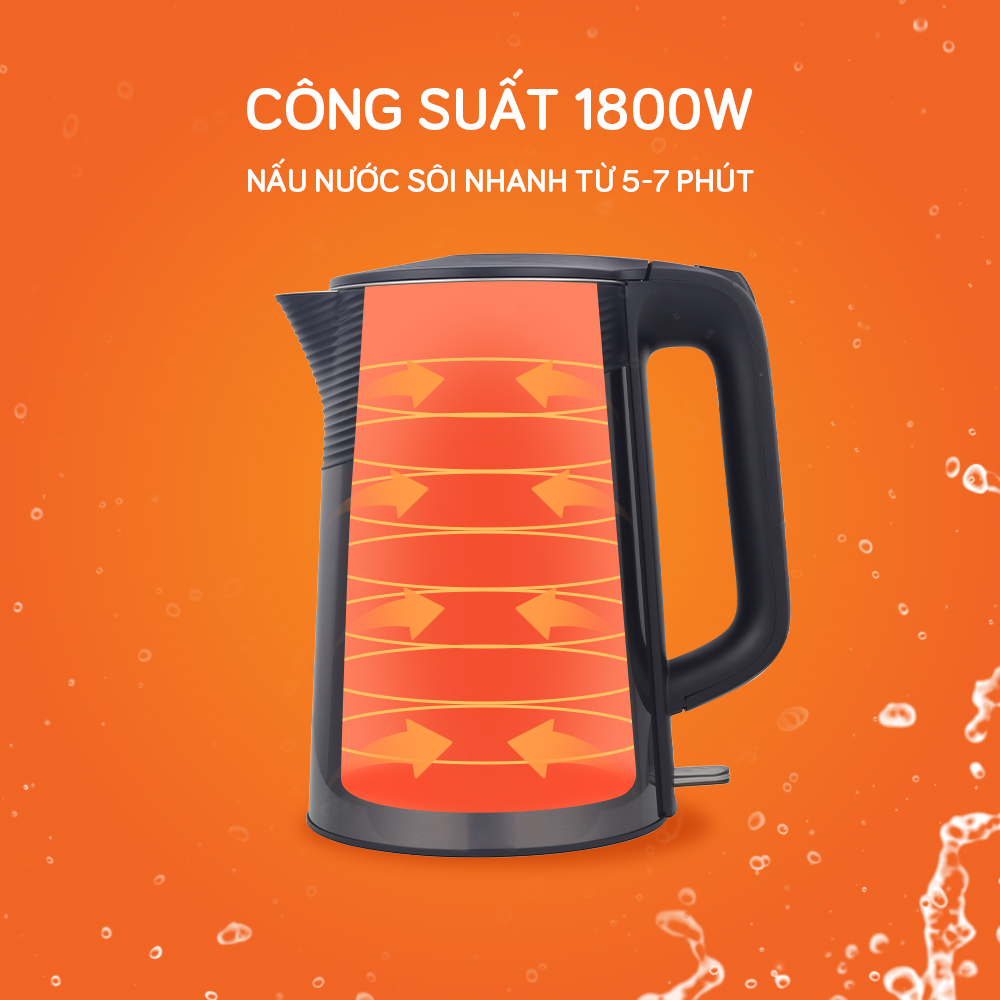 Ấm Siêu Tốc UNIE UE-302 Công Nghệ Đức Vỏ 5 Lớp Inox Sang Trọng Công Suất 1800W Dung Tích 1.8L - Hàng Chính Hãng