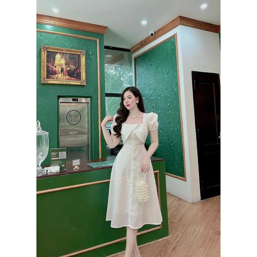 Váy đầm nữ dáng xòe dự tiệc tay bồng cổ vuông đính hàng nút sang trọng