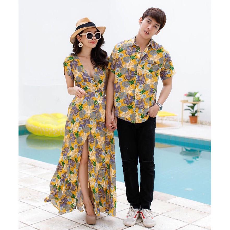 Set áo váy đôi sơ mi nam nữ Váy maxi xẻ tà đi biển họa tiết hoa lá màu vàng COUPLE - AV44 (có ảnh thật)