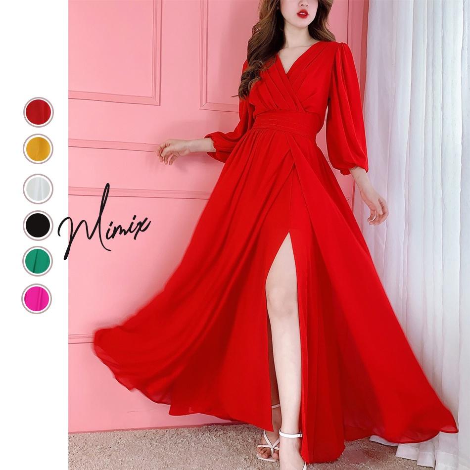 Đầm maxi xòe 3 lớp xẻ tà bo eo MIMIX BA2230