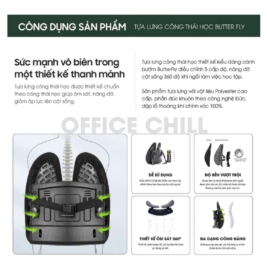 Tựa lưng công thái học, đệm tựa lưng ghế văn phòng Sothing dựa lưng ô tô, văn phòng, thiết kế kiểu dáng Butterfly
