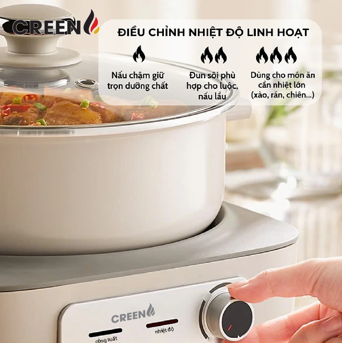 Nồi Lẩu Điện Đa Năng 5L CREEN CR-HP05 Thiết Kế Tháo Rời Độc Đáo, 1500W Bảo Hành 12 Tháng - Hàng Chính Hãng