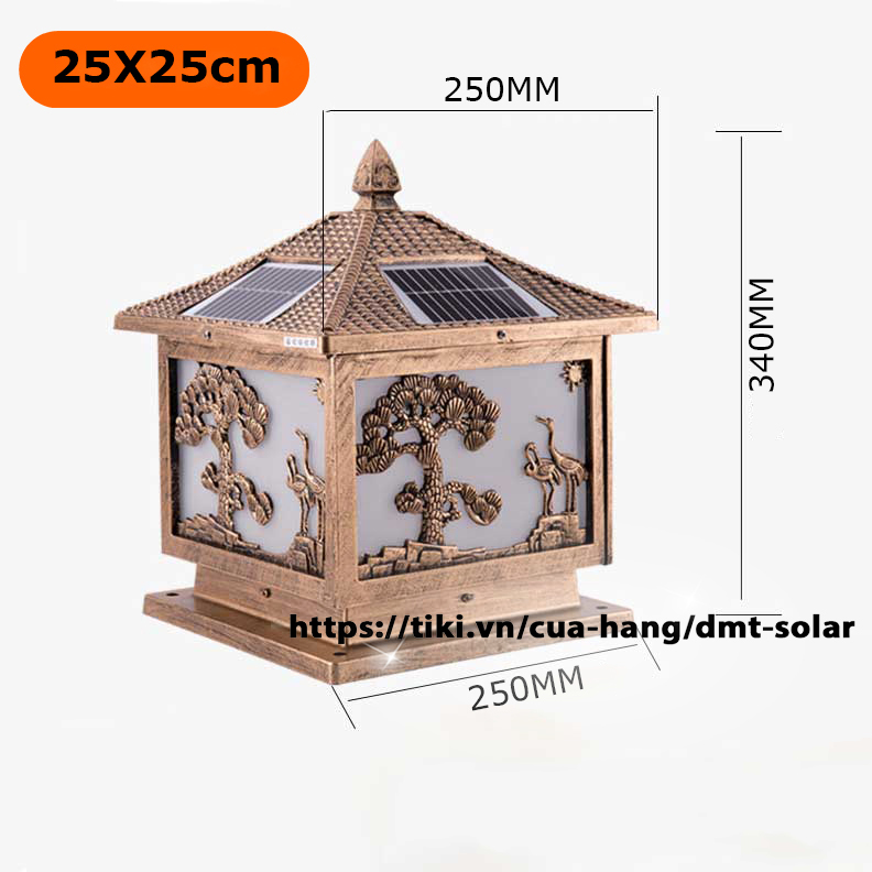 Đèn trụ cổng hình vuông con hạc cây tùng năng lượng mặt trời DMT-TC07