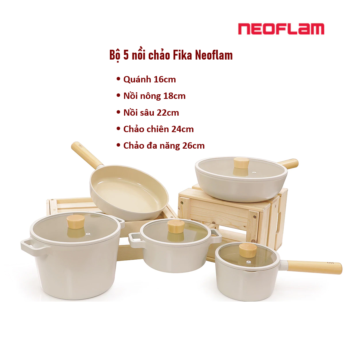 Bộ 5 món nồi chảo chống dính Fika Neoflam - Hàn Quốc (03 phương án lựa chọn), Made in Korea. Hàng có sẵn, giao ngay