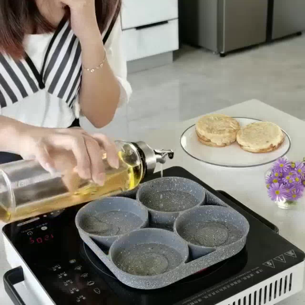 Khuôn Chảo Chiên Rán Trứng Làm Bánh 4 Ngăn 4 Lỗ Chống Dính- Chống Dính Tay Cầm Gỗ